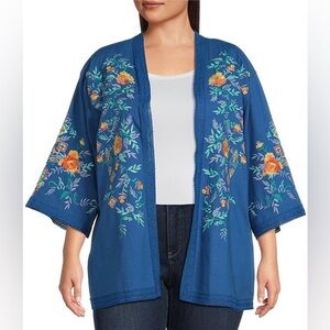 NEW Calessa Embroidered Lace Trim Detail Open-Front Blue Kimono Cardigan Size 1X